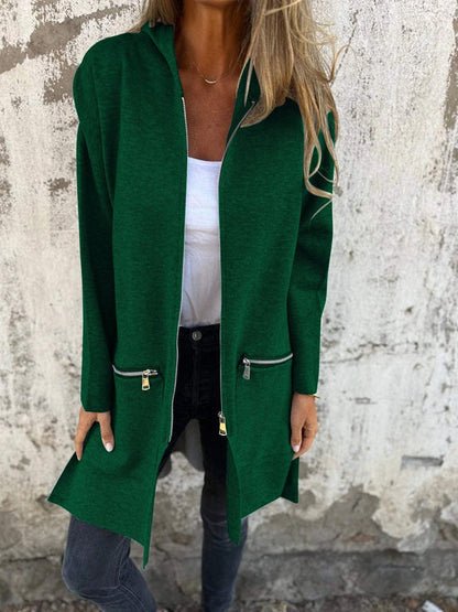 Cardigan Long Sleeve Zip Front Hooded Jacket - Green
