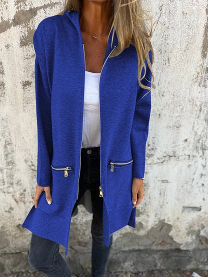 Cardigan Long Sleeve Zip Front Hooded Jacket - Blue