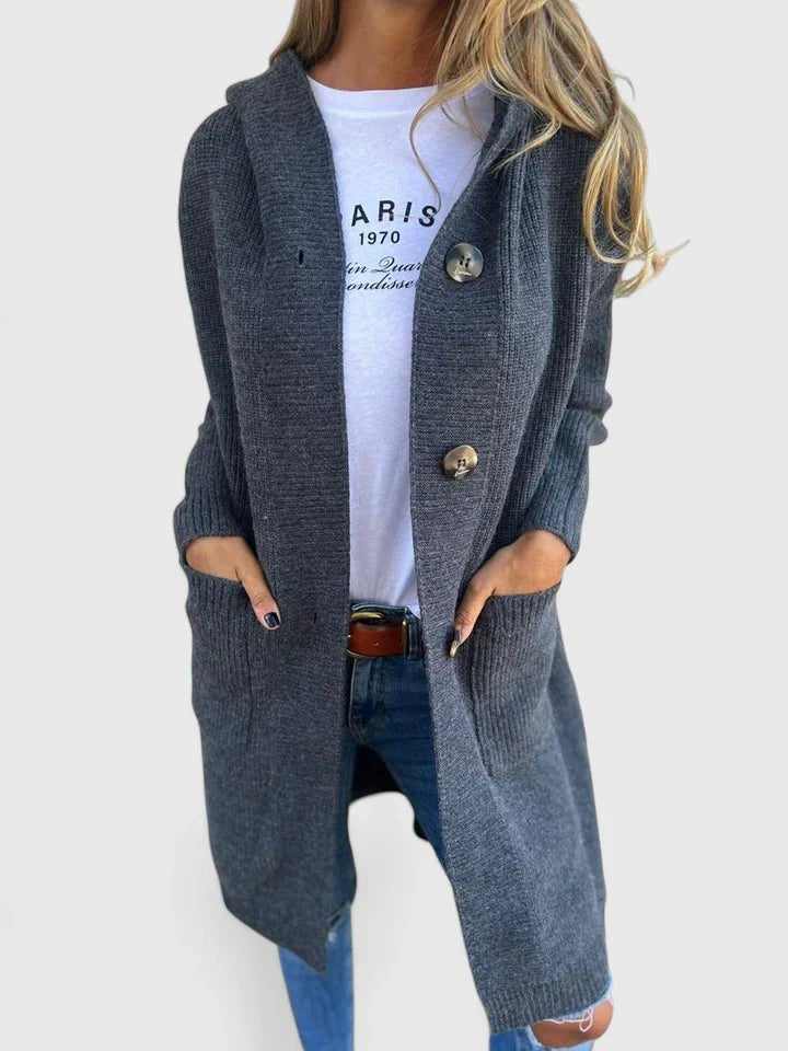 Cardigan Longline Knit Button Front Hooded Pockets - Gray