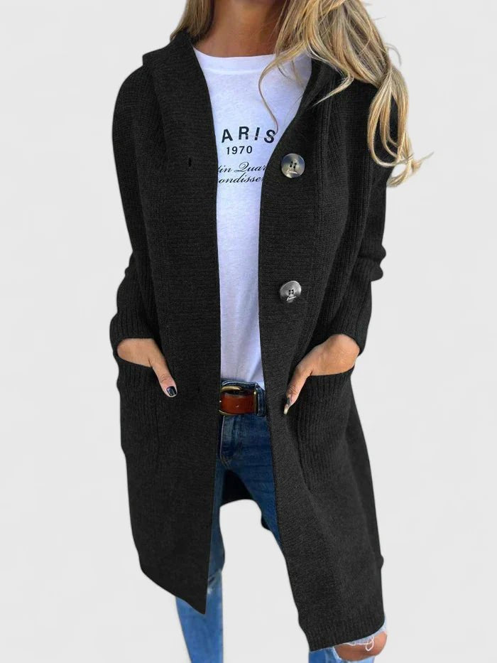 Cardigan Longline Knit Button Front Hooded Pockets - Black