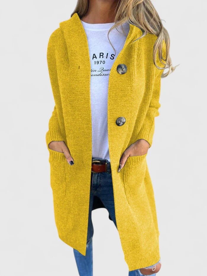 Cardigan Longline Knit Button Front Hooded Pockets - Yellow