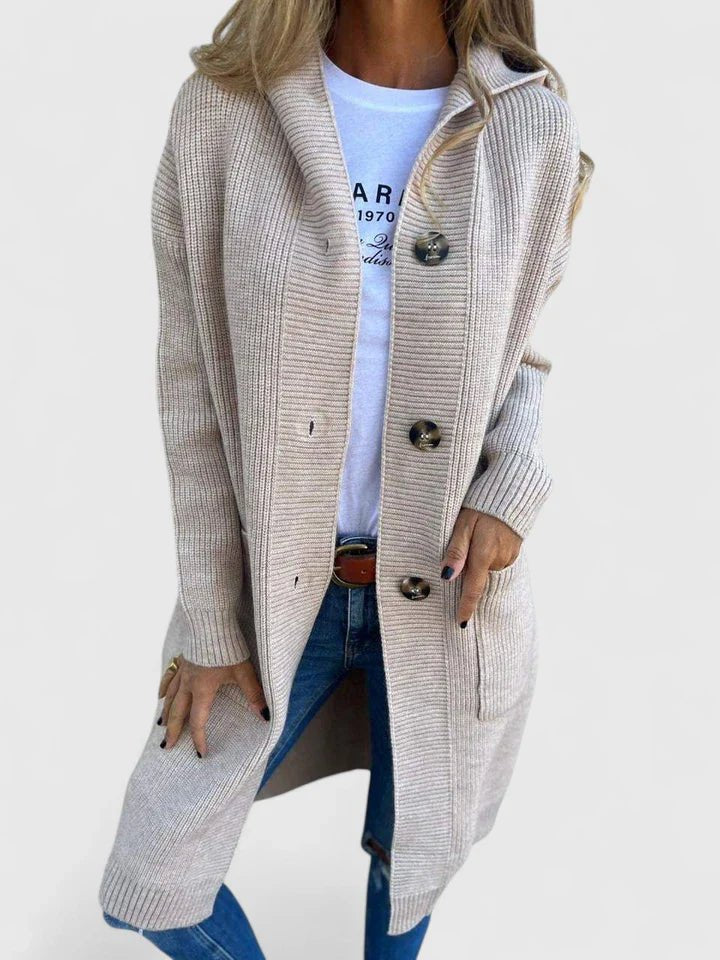 Cardigan Longline Knit Button Front Hooded Pockets - Beige