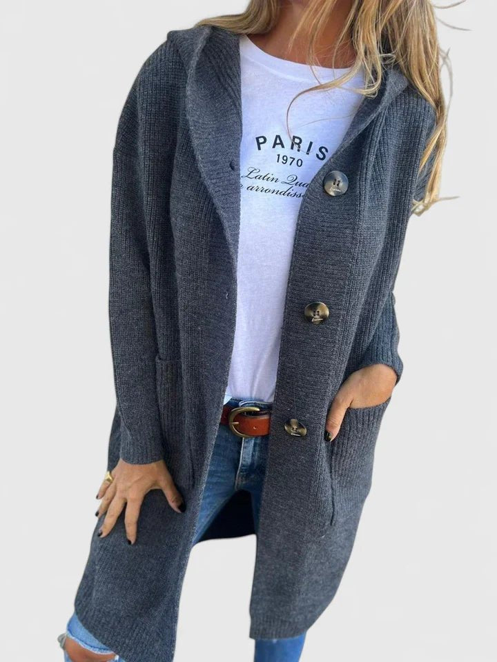 Cardigan Longline Knit Button Front Hooded Pockets