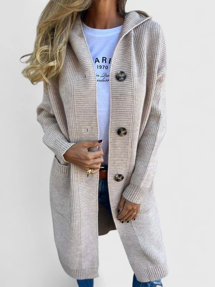Cardigan Longline Knit Button Front Hooded Pockets