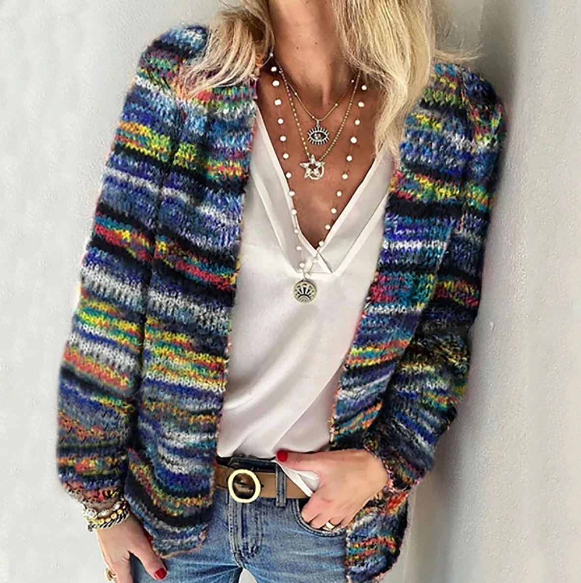 Cardigan Multicolour Knit Open Front Cozy Relaxed Fit - Blue
