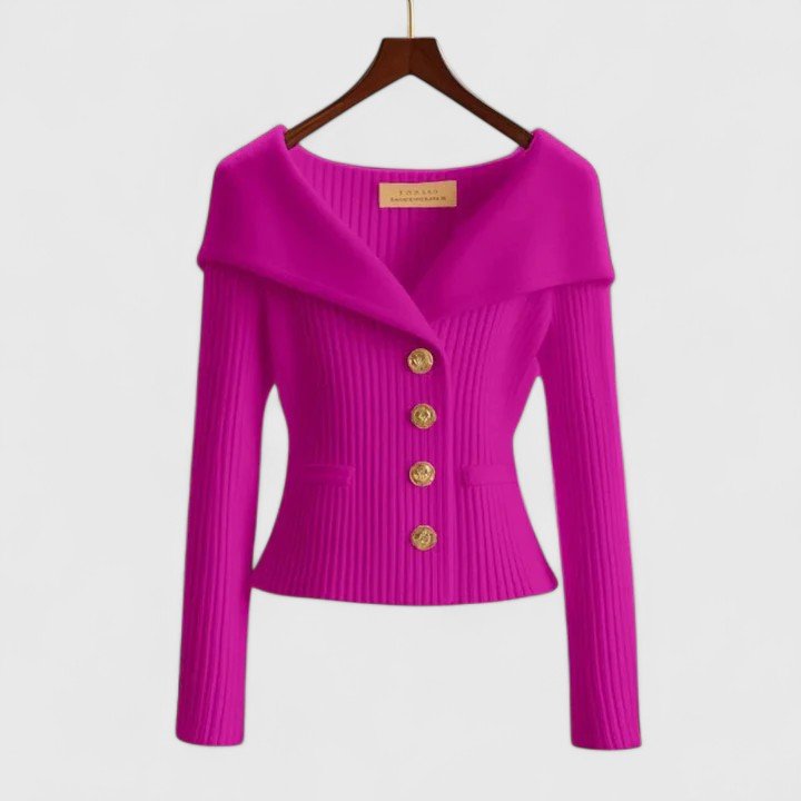 Cardigan Off-Shoulder Ribbed Knit Button-Front Long Sleeve - Pink