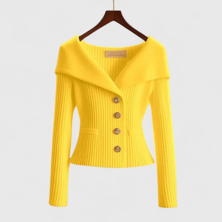 Cardigan Off-Shoulder Ribbed Knit Button-Front Long Sleeve - Yellow