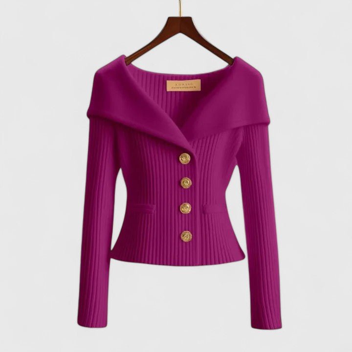 Cardigan Off-Shoulder Ribbed Knit Button-Front Long Sleeve - Purple