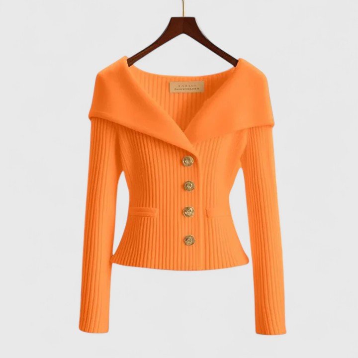 Cardigan Off-Shoulder Ribbed Knit Button-Front Long Sleeve - Orange