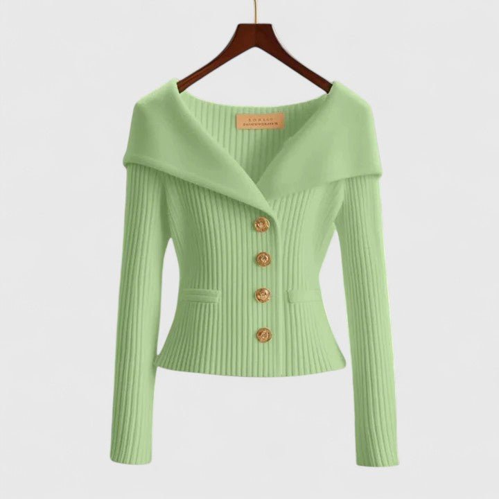 Cardigan Off-Shoulder Ribbed Knit Button-Front Long Sleeve - Green