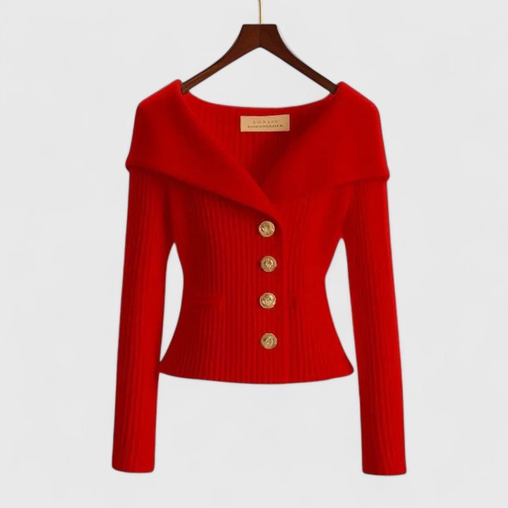 Cardigan Off-Shoulder Ribbed Knit Button-Front Long Sleeve - Red