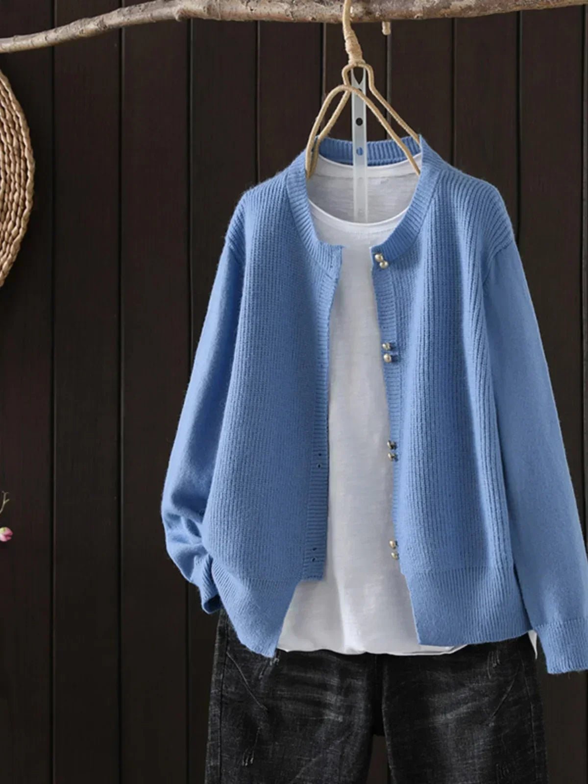 Cardigan Pearl Button Crew Neck Relaxed Fit - Blue