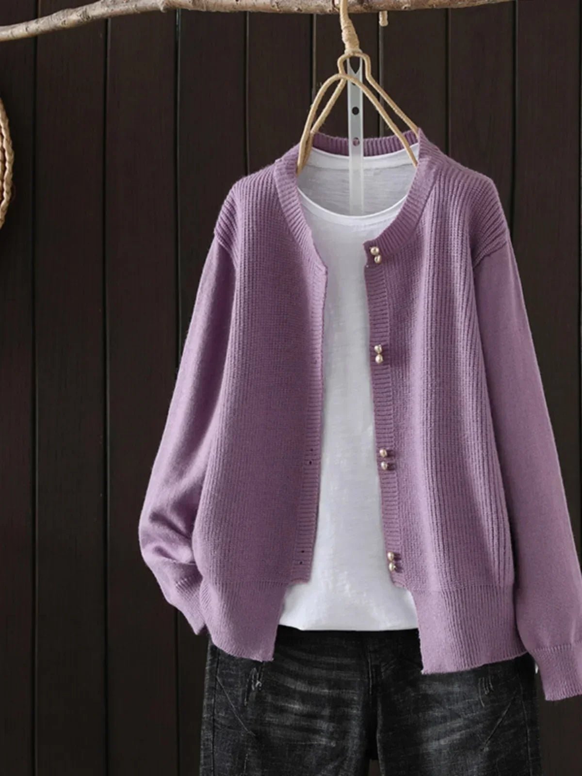Cardigan Pearl Button Crew Neck Relaxed Fit - Purple