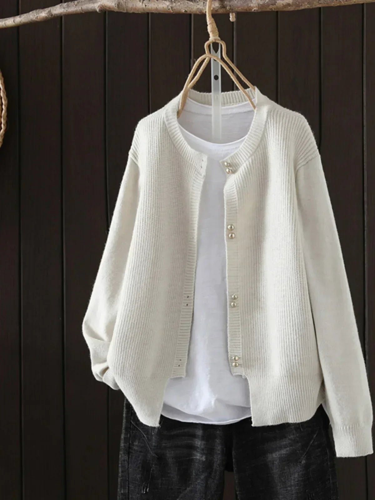 Cardigan Pearl Button Crew Neck Relaxed Fit - Beige
