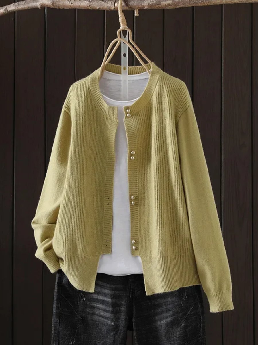 Cardigan Pearl Button Crew Neck Relaxed Fit - Yellow