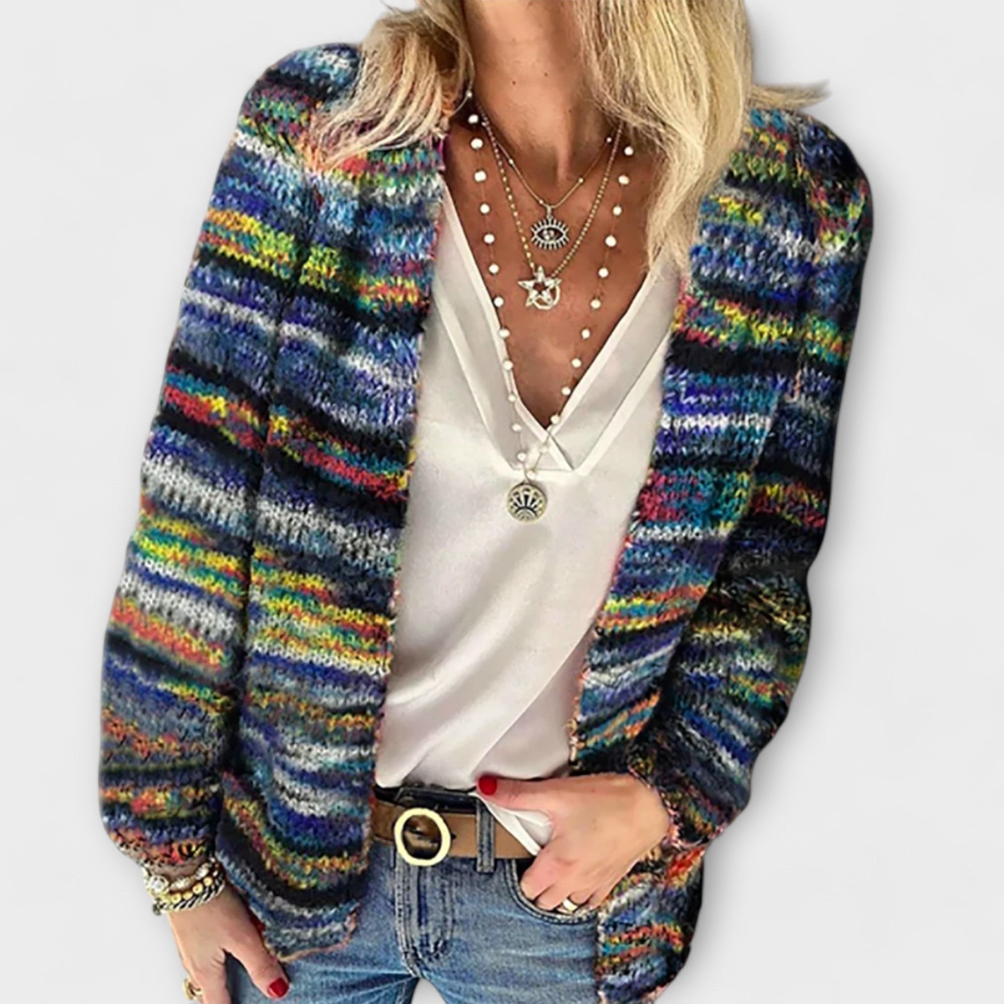 Cardigan Rainbow Striped Knit Open Front Long Sleeve - Blue