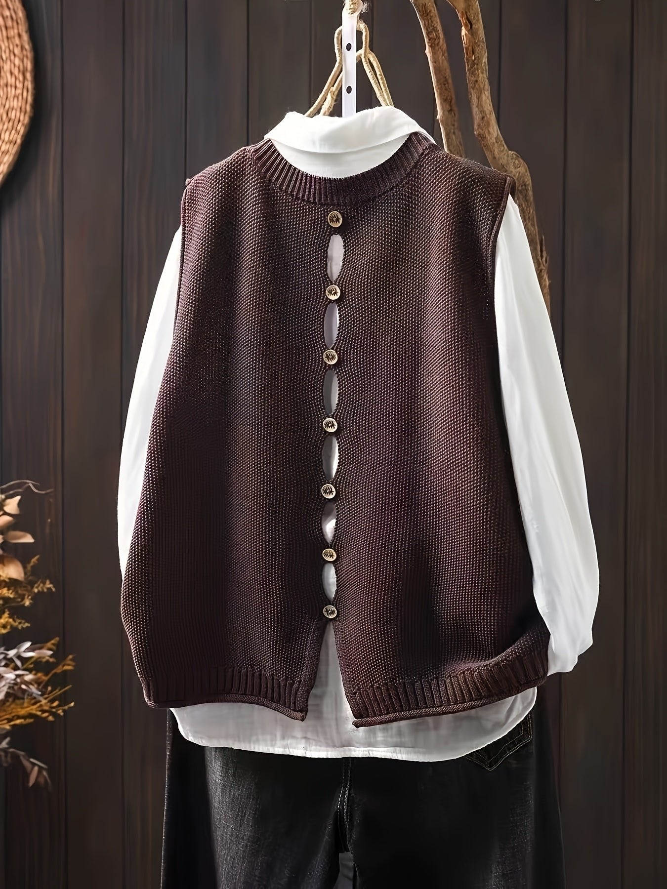 Cardigan Sleeveless Knitted Vest V-Neck Layering - Coffee