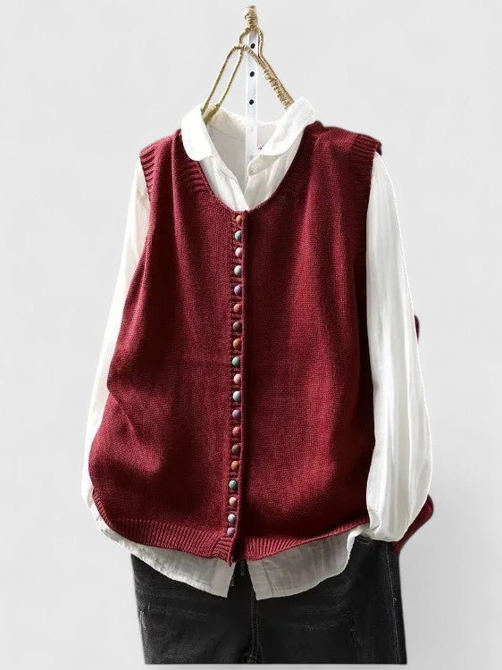 Cardigan Vest Sleeveless Knit Button Front V-Neck - Red