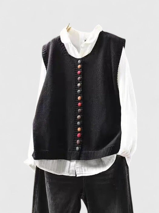 Cardigan Vest Sleeveless Knit Button Front V-Neck - Black