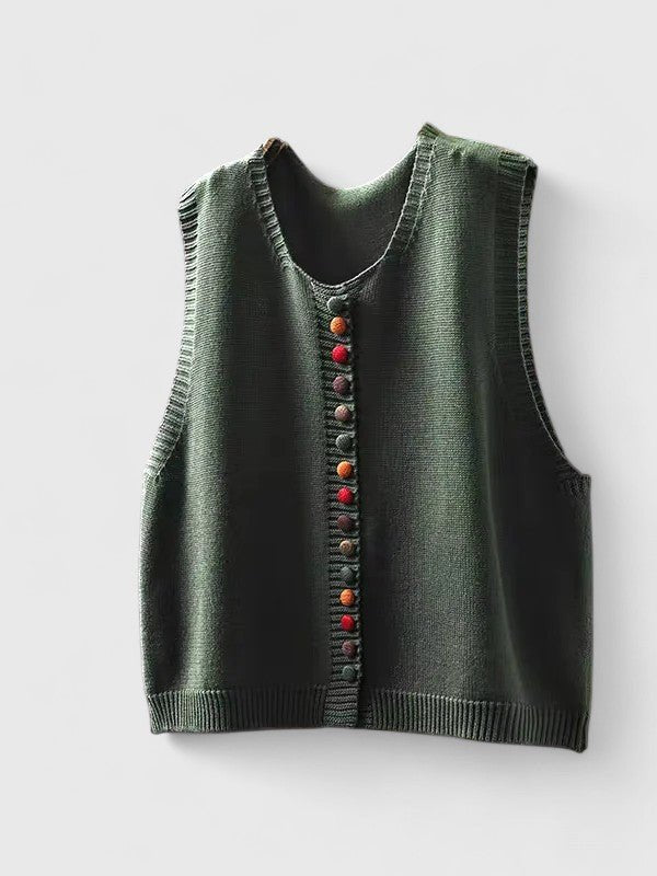 Cardigan Vest Sleeveless Knit Button Front V-Neck - Green