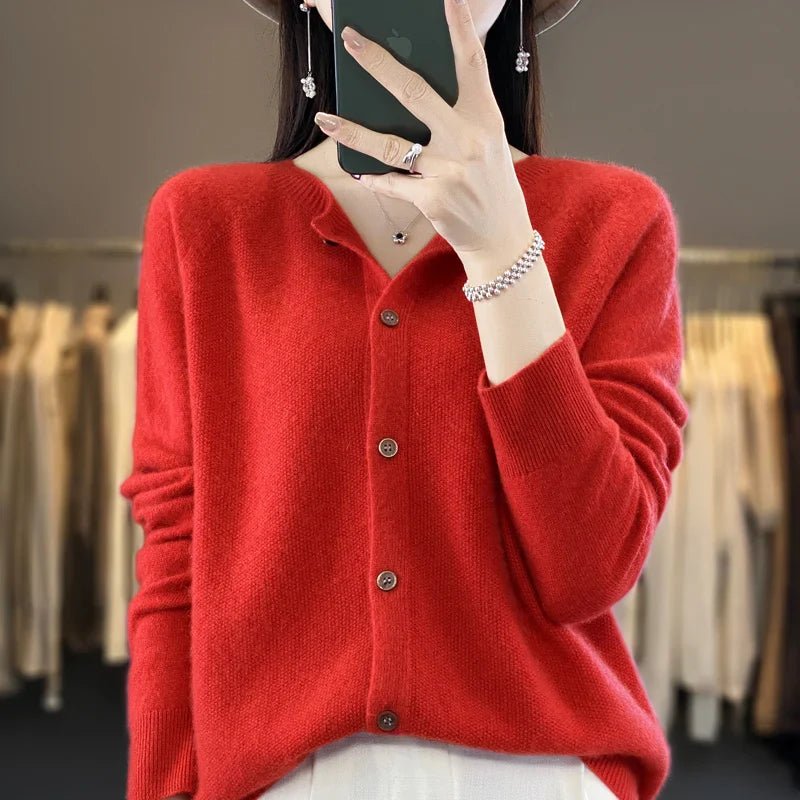 Cardigan Women's Button-Up Long Sleeve Knit Soft - Red
