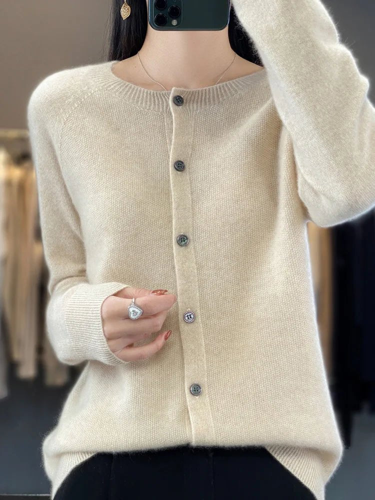 Cardigan Women's Button-Up Long Sleeve Knit Soft - Beige