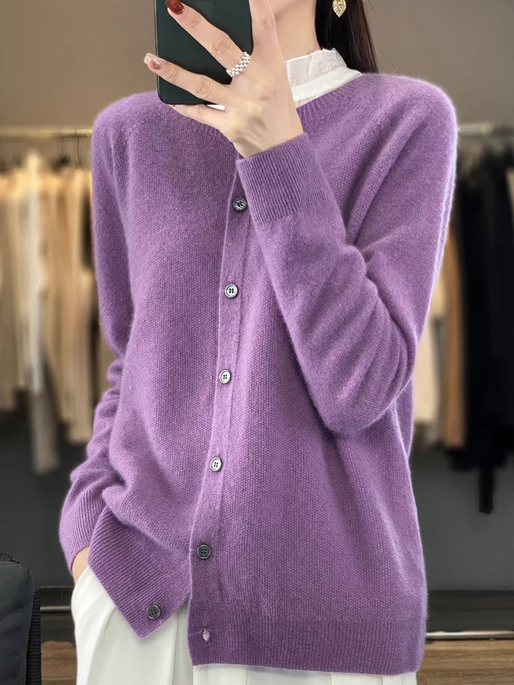 Cardigan Women's Button-Up Long Sleeve Knit Soft - Purple