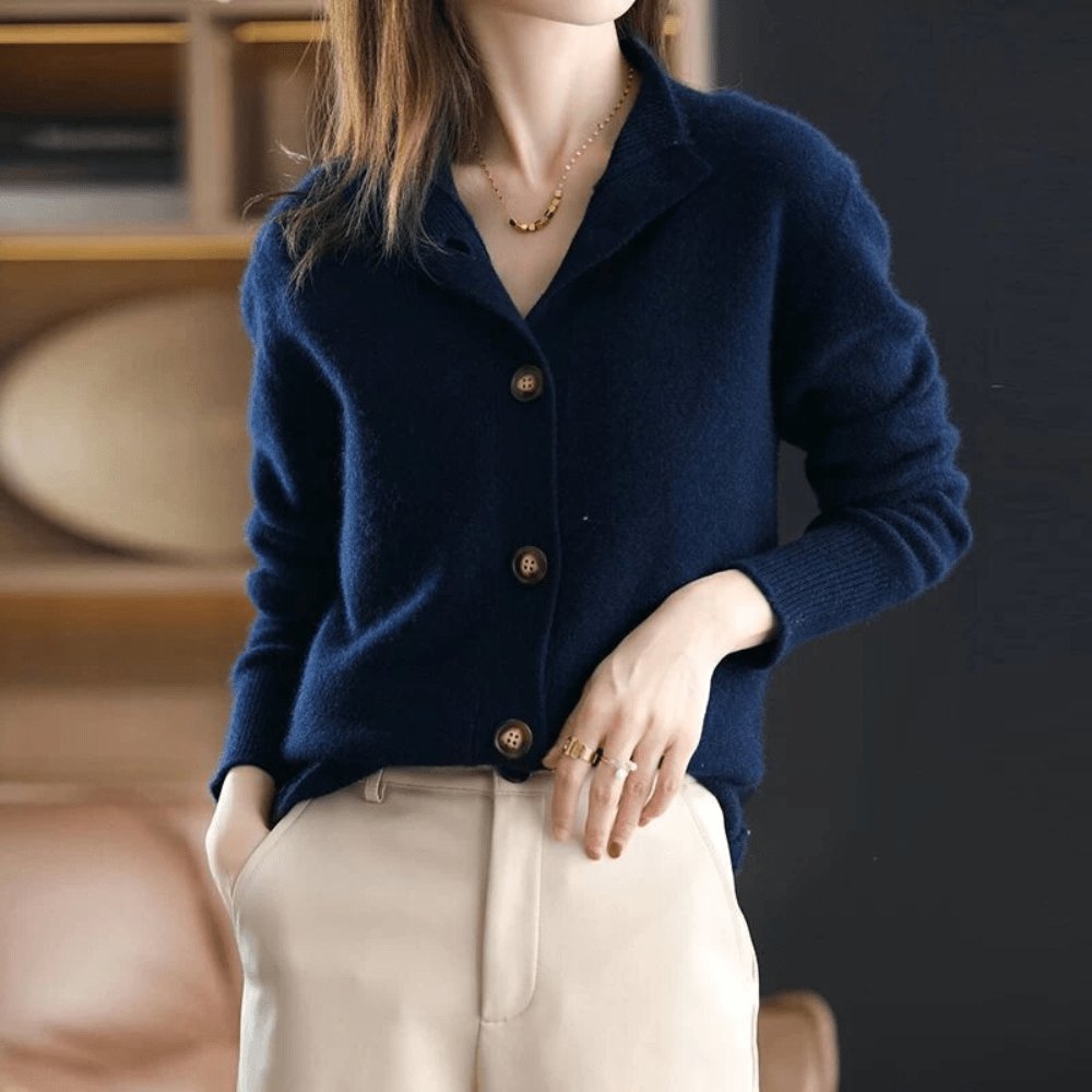 Cardigan Women's Cashmere Button Front Long Sleeve - Dark Blue