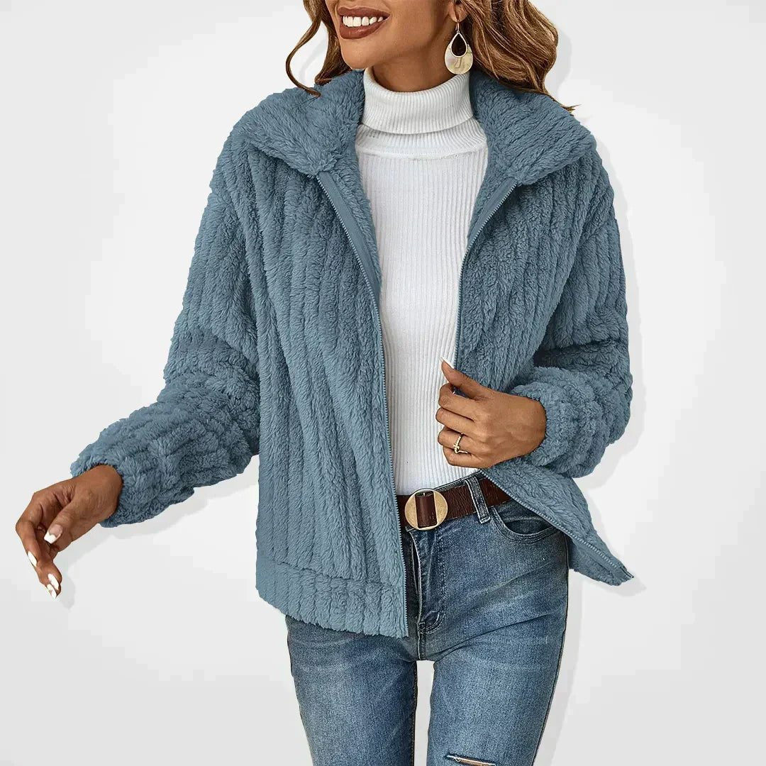 Cardigan Women's Fluffy Hooded Zip Up Soft Plush Jacket - Blue
