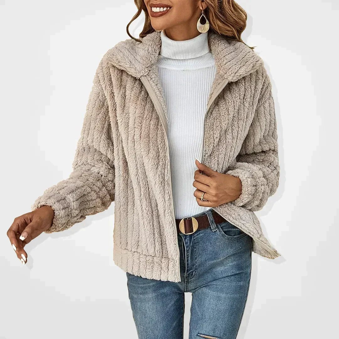 Cardigan Women's Fluffy Hooded Zip Up Soft Plush Jacket - Beige