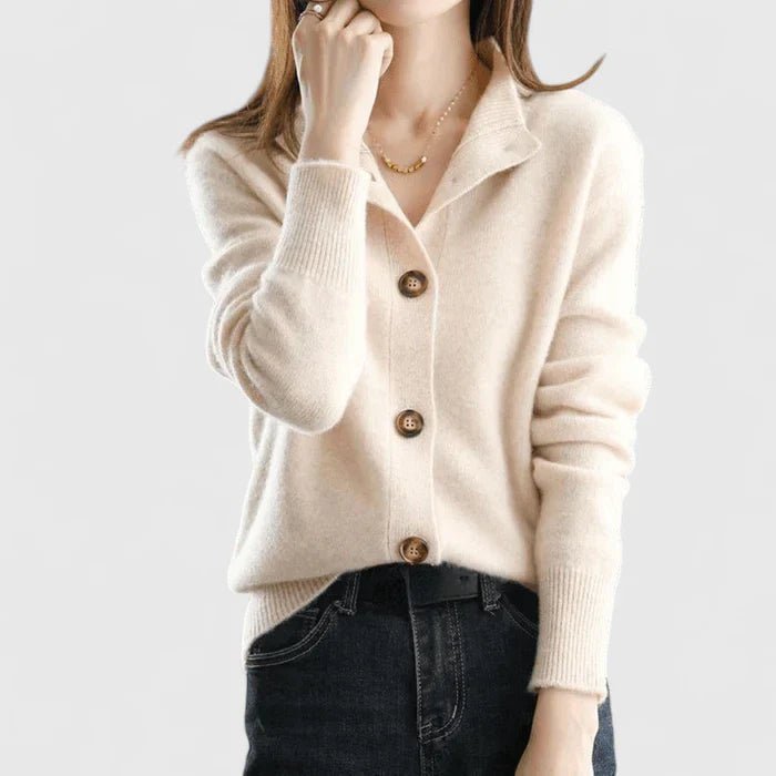 Cardigan Women's V-Neck Button-Up Navy Blue Knit - Beige