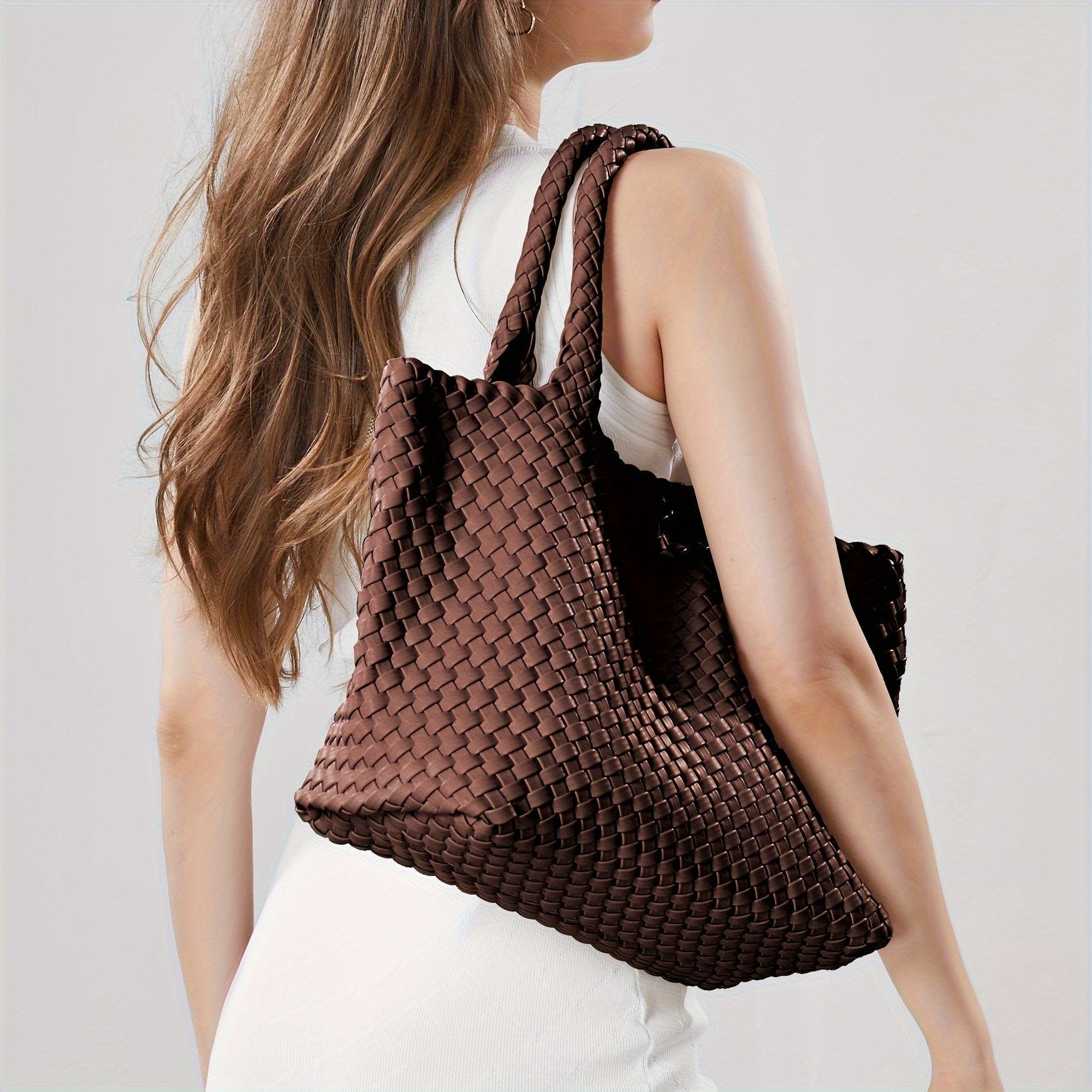 Chunky Basket Weave Leather-Look Tote Bags Open-Top Structured Shopper