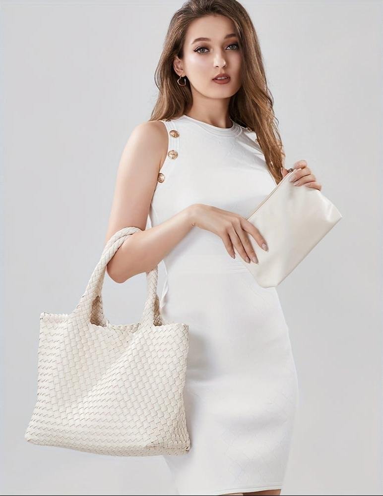 Chunky Basket Weave Leather-Look Tote Bags Open-Top Structured Shopper
