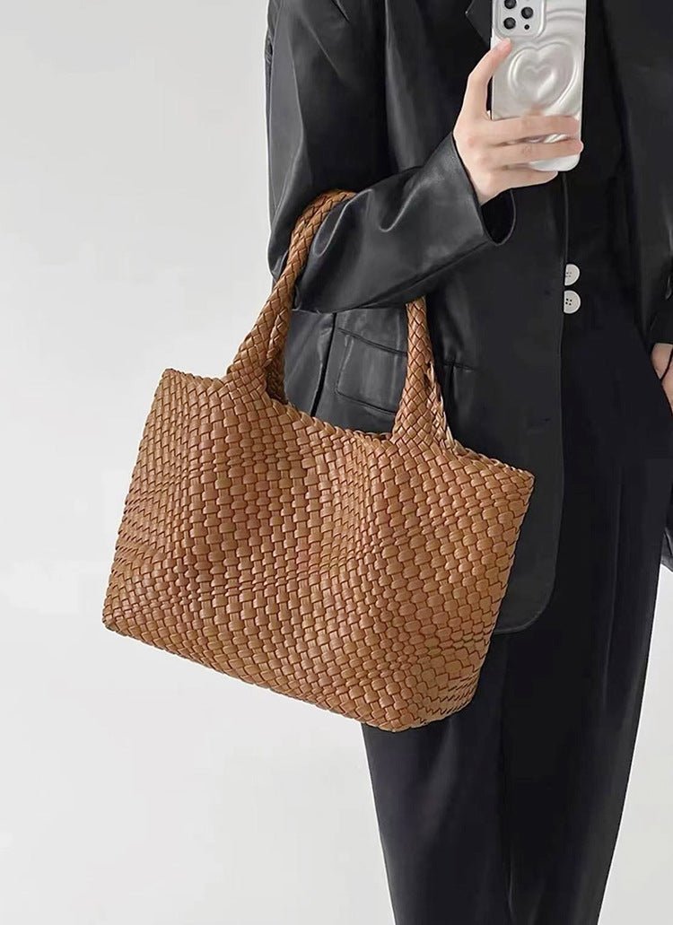 Chunky Basket Weave Leather-Look Tote Bags Open-Top Structured Shopper
