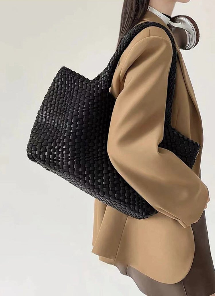 Chunky Basket Weave Leather-Look Tote Bags Open-Top Structured Shopper