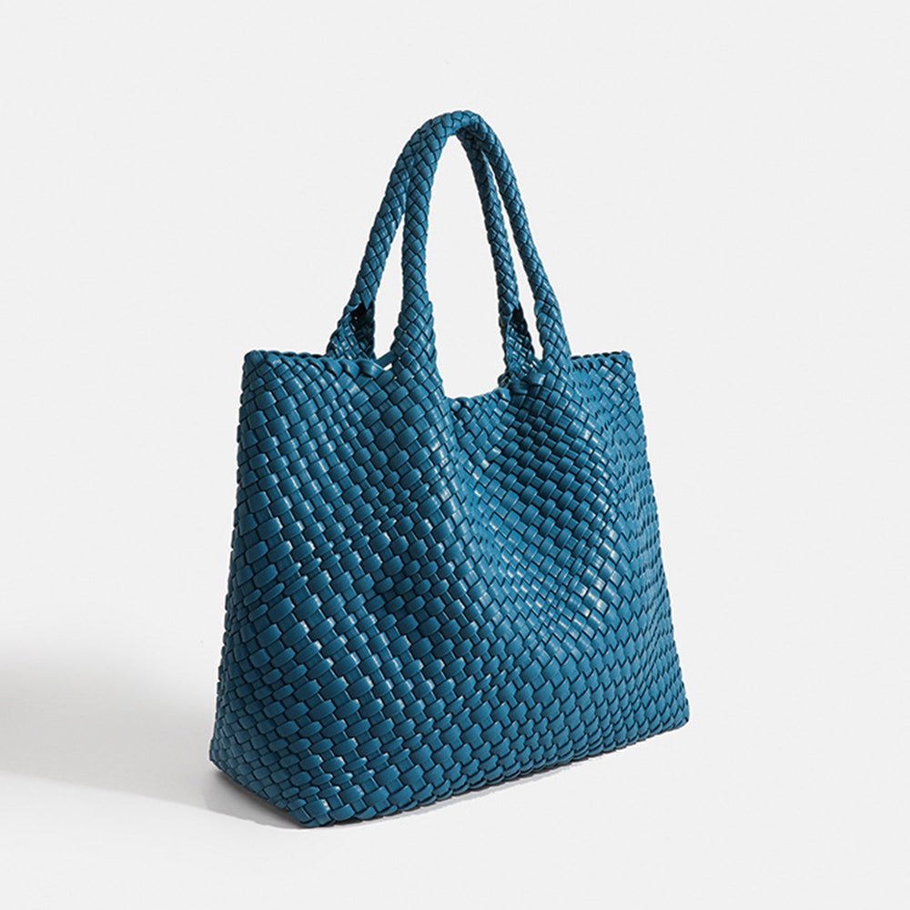 Chunky Basket Weave Leather-Look Tote Bags Open-Top Structured Shopper - Blue