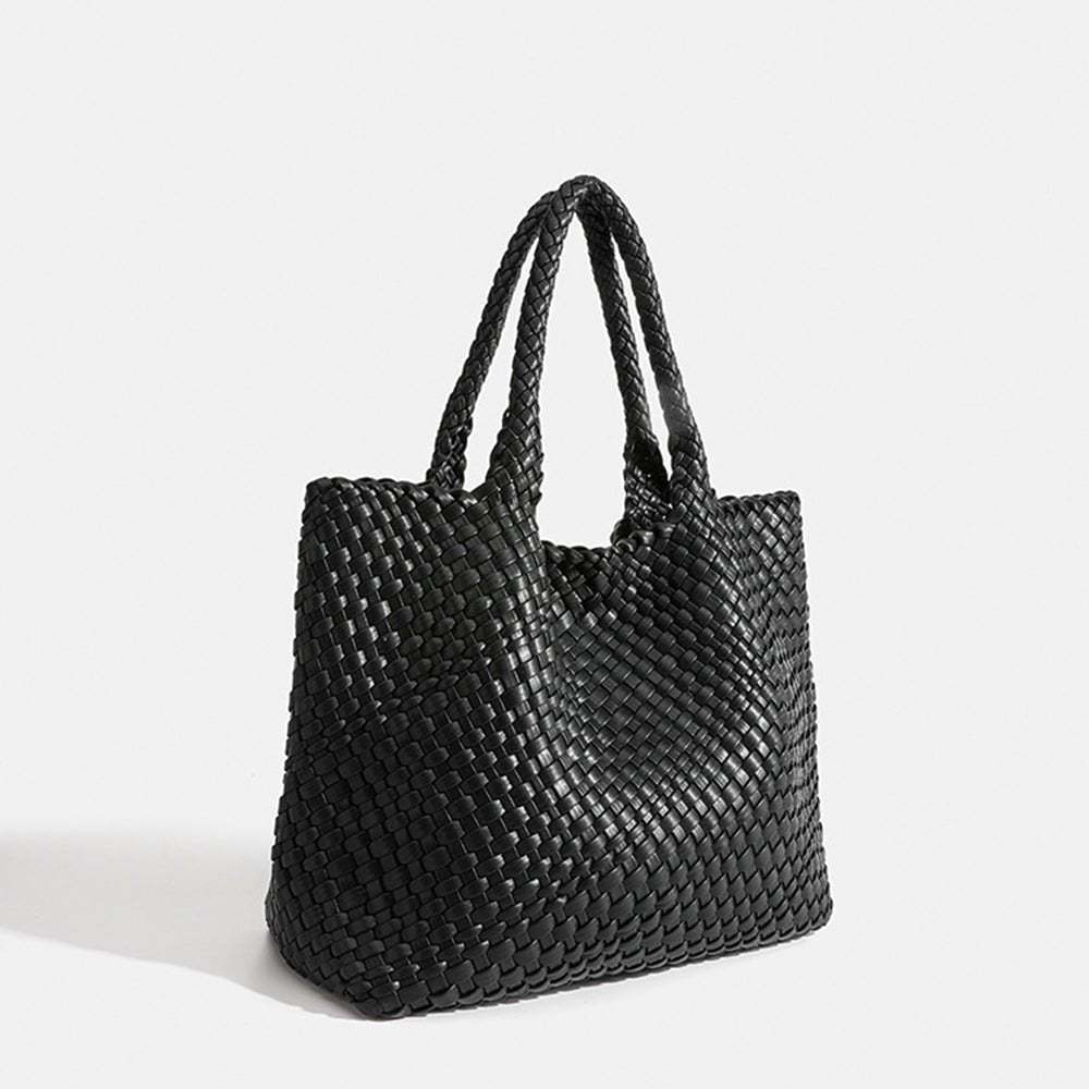 Chunky Basket Weave Leather-Look Tote Bags Open-Top Structured Shopper - Black