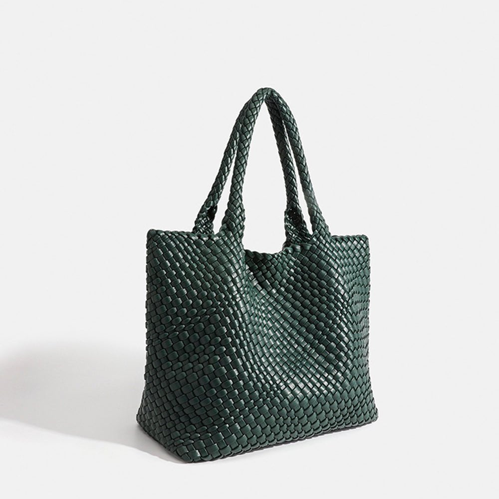 Chunky Basket Weave Leather-Look Tote Bags Open-Top Structured Shopper - Dark Green