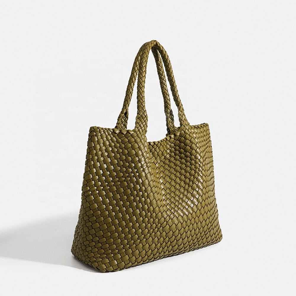 Chunky Basket Weave Leather-Look Tote Bags Open-Top Structured Shopper - Olive Green