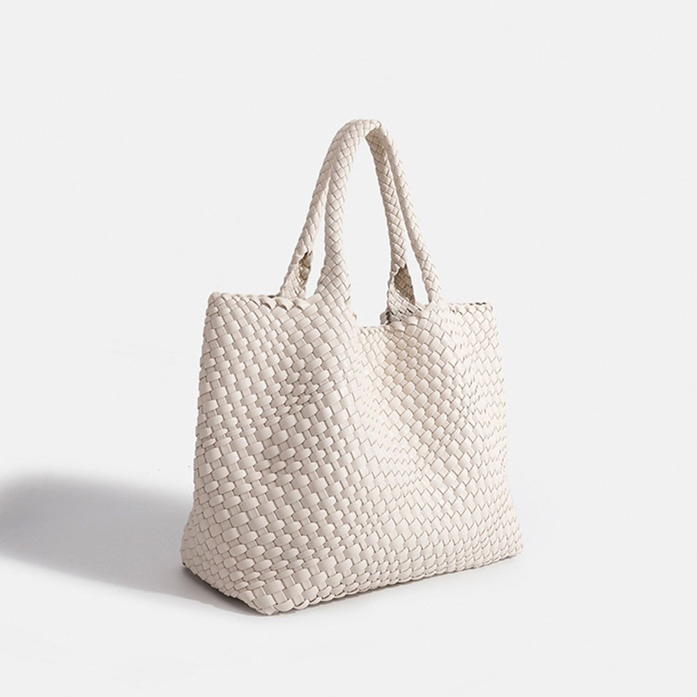 Chunky Basket Weave Leather-Look Tote Bags Open-Top Structured Shopper - Off-White