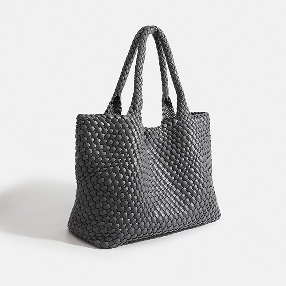 Chunky Basket Weave Leather-Look Tote Bags Open-Top Structured Shopper - Dark Gray