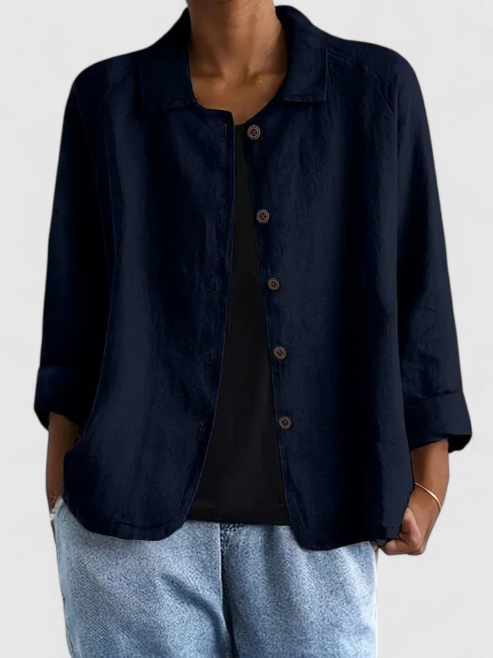Cotton Button-Up Cardigan Relaxed Fit Long Sleeve - Navy Blue
