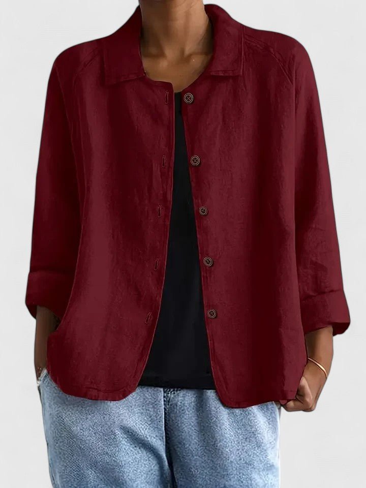 Cotton Button-Up Cardigan Relaxed Fit Long Sleeve - Red