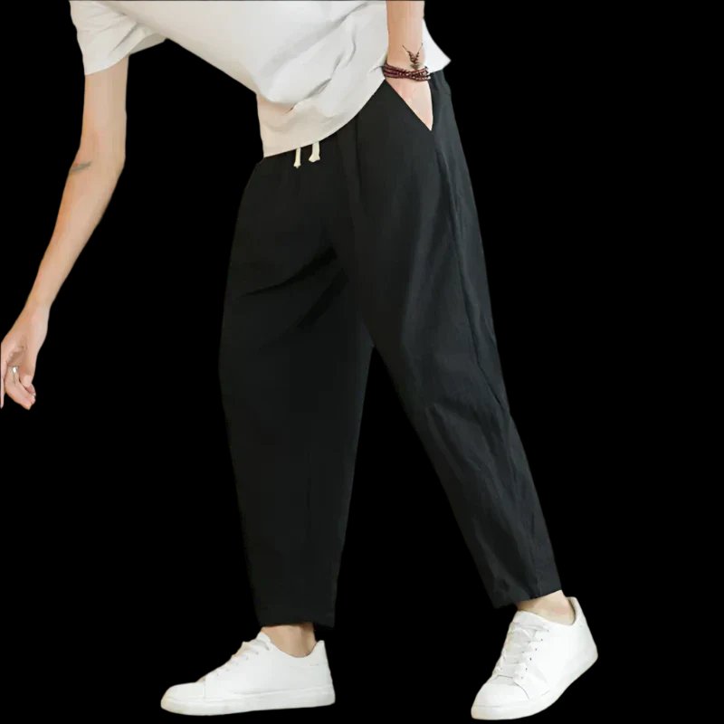 Cotton Wide Leg Pants High Waist Pleated Relaxed Fit - Black