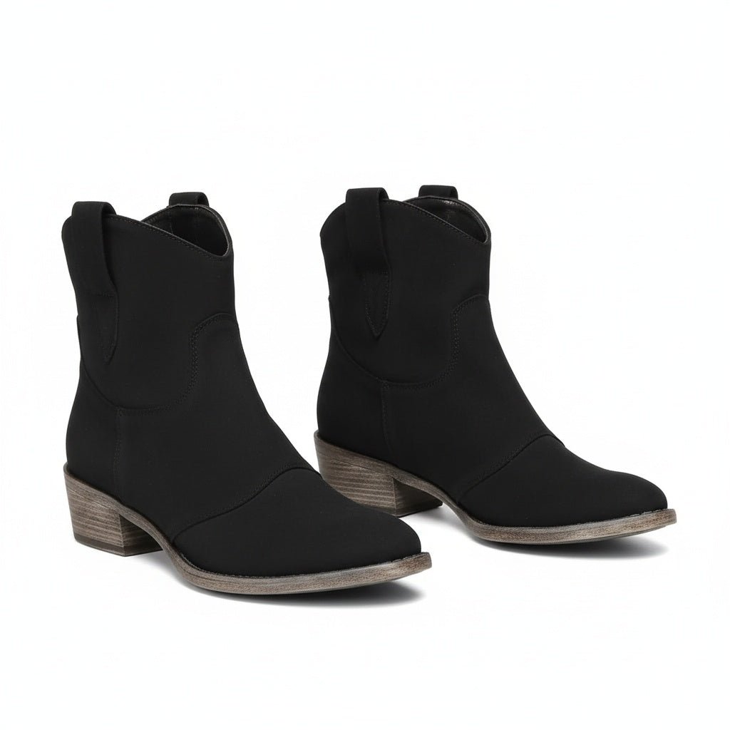 Cowboy Boots Ankle Western Vintage Style Suede Block Heel - Black