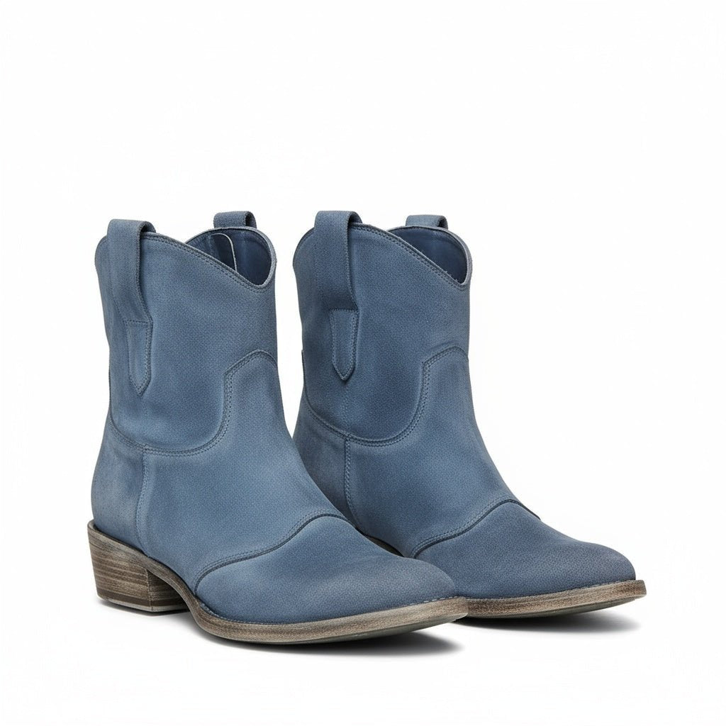 Cowboy Boots Ankle Western Vintage Style Suede Block Heel - Blue