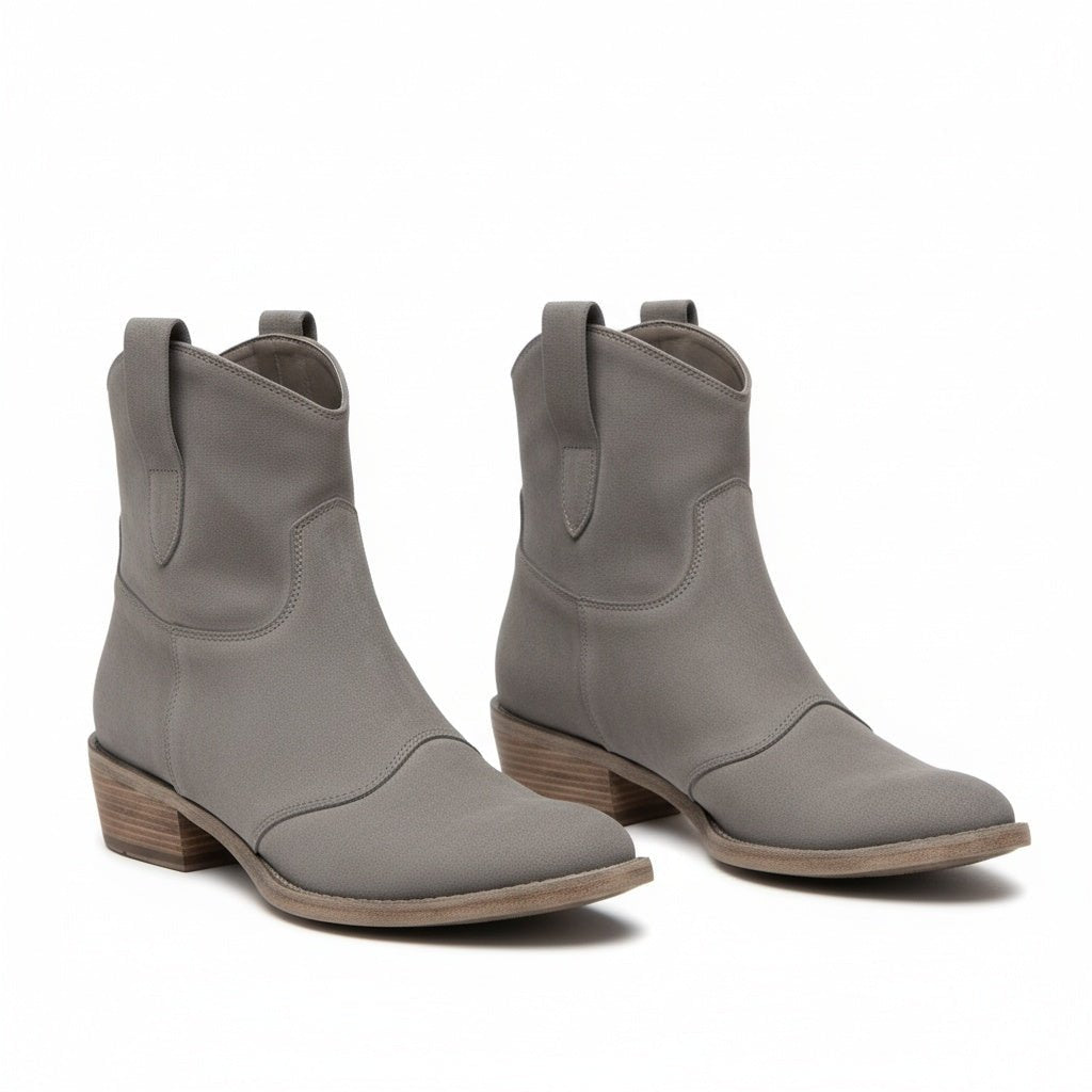 Cowboy Boots Ankle Western Vintage Style Suede Block Heel - Gray