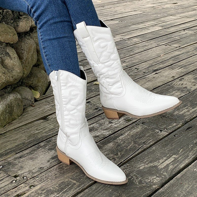Cowboy Boots Metallic Western Mid-Calf Pointed Toe - White