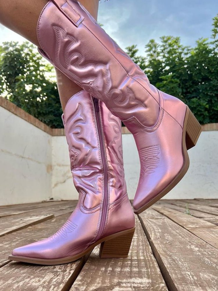 Cowboy Boots Metallic Western Mid-Calf Pointed Toe