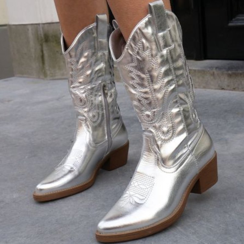 Cowboy Boots Metallic Western Mid-Calf Pointed Toe - Silver